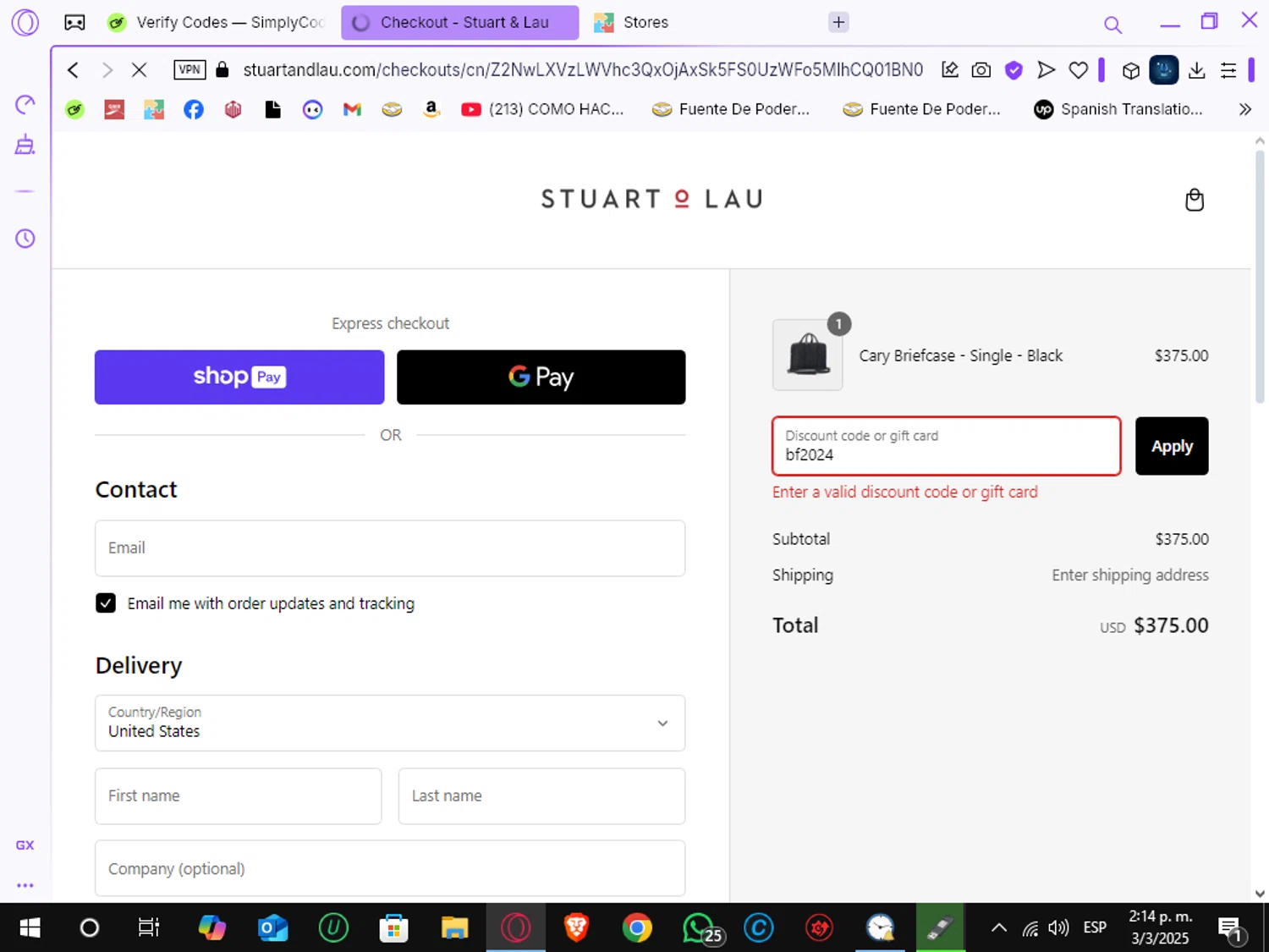 Stuart & Lau promo code screenshot showing code bf2024 applied at Stuart & Lau checkout page. Uploaded by SimplyCodes community member Crchirino1 on Mar 3, 2025