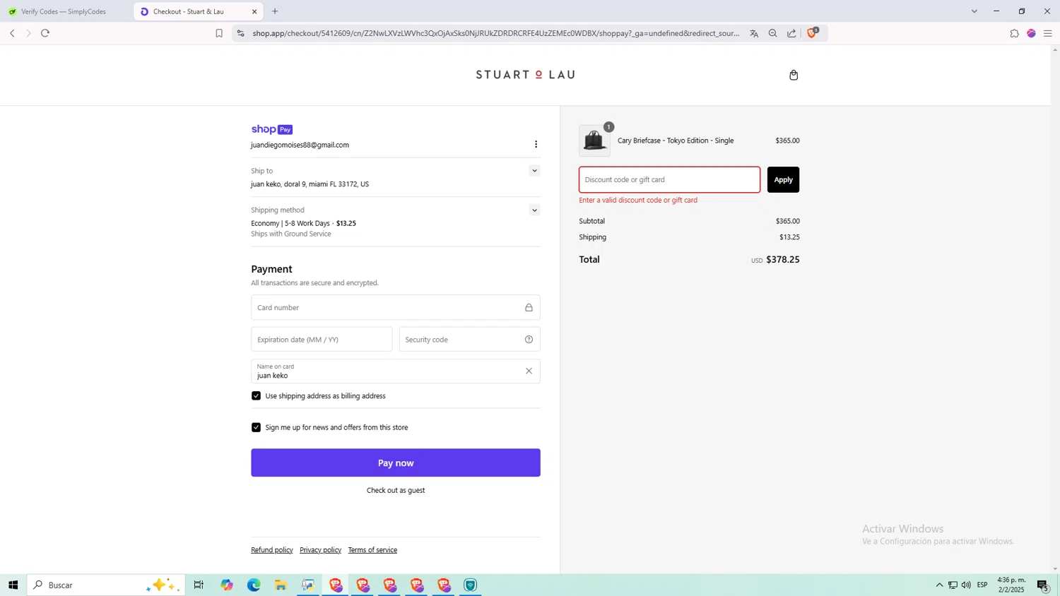 Stuart & Lau promo code screenshot showing code bf2024 applied at Stuart & Lau checkout page. Uploaded by SimplyCodes community member Monitos on Feb 2, 2025