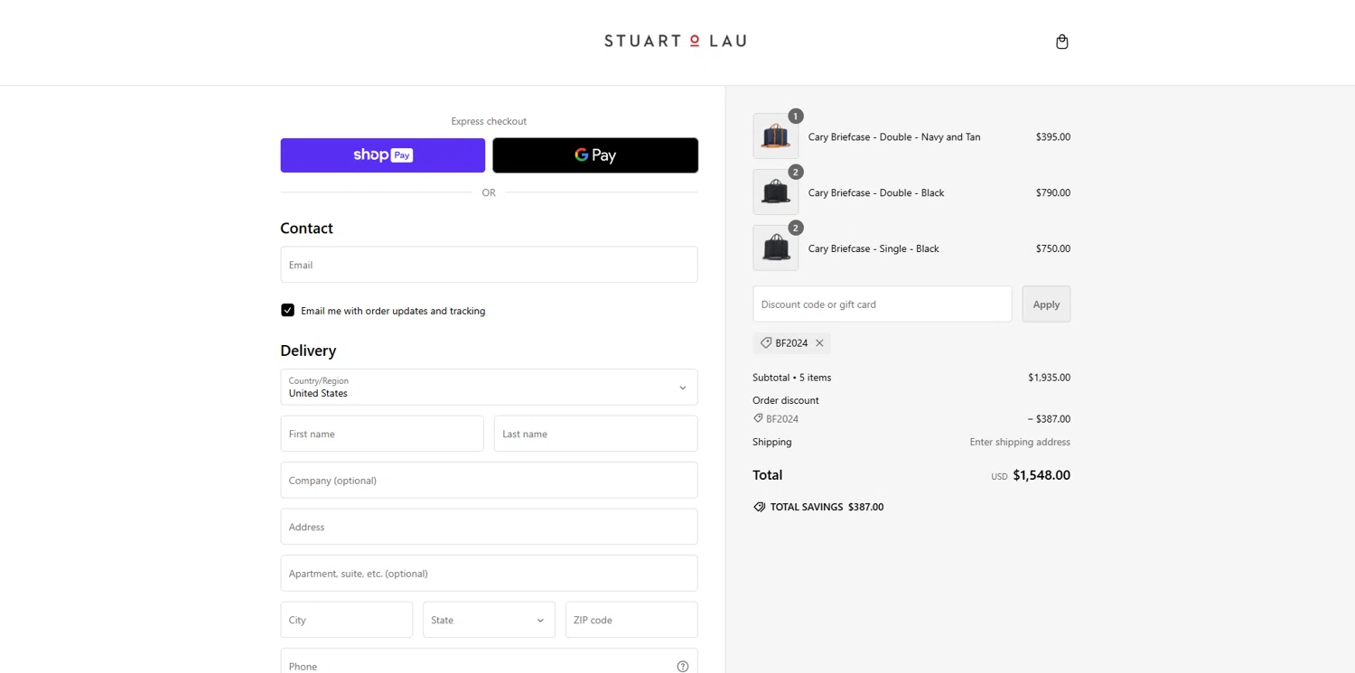 Stuart & Lau checkout page showing Stuart & Lau promo code box | Screenshot taken by SimplyCodes community member on Nov 1, 2024