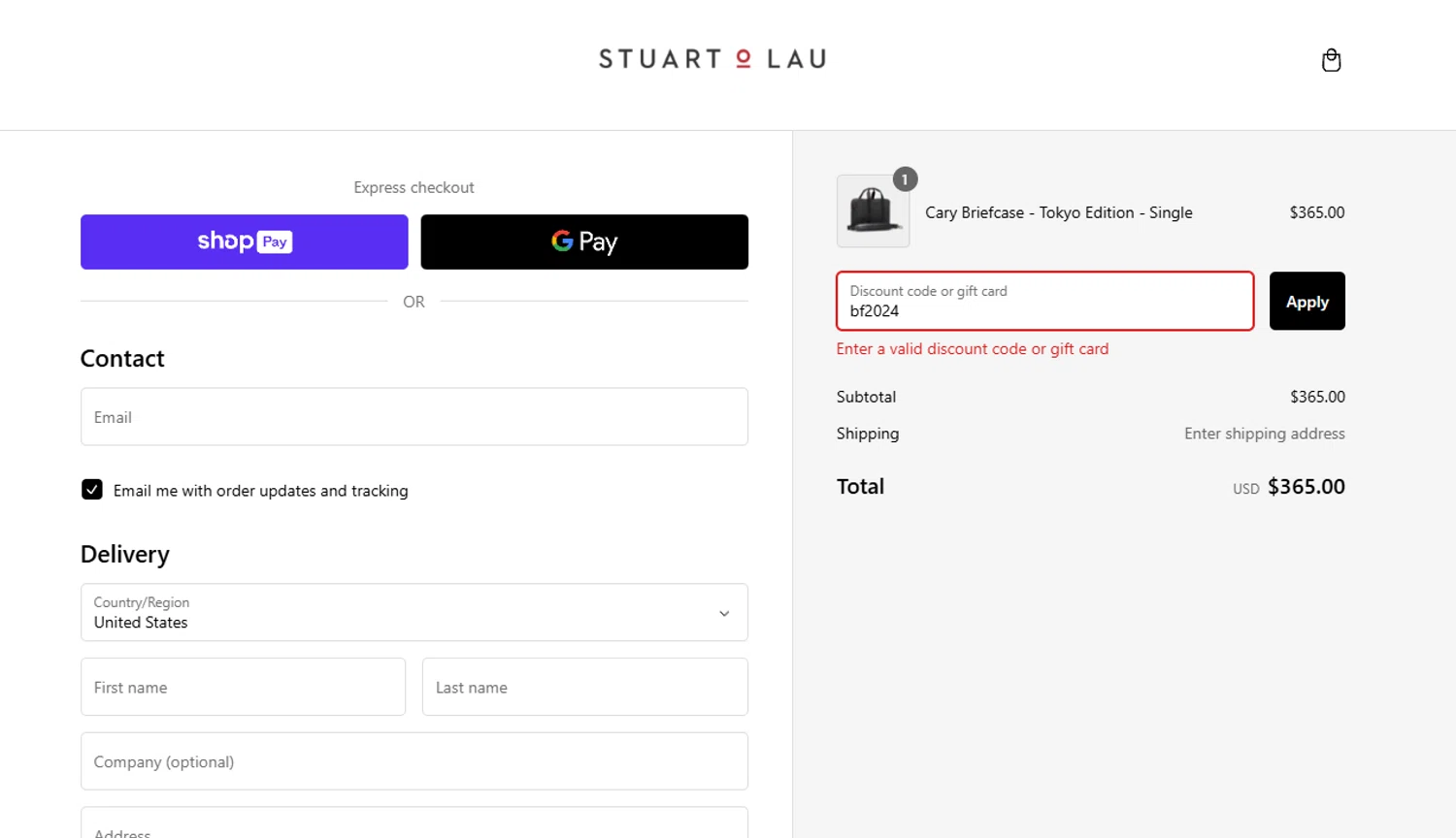 Stuart & Lau promo code screenshot showing code bf2024 applied at Stuart & Lau checkout page. Uploaded by SimplyCodes community member MoneyScout2554 on Feb 2, 2025