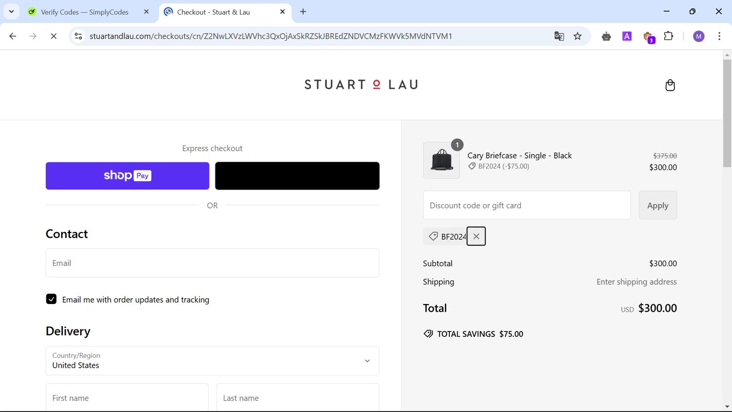 Stuart & Lau checkout page showing Stuart & Lau promo code box | Screenshot taken by SimplyCodes community member on Nov 30, 2024