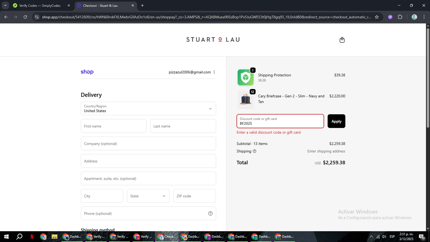 Stuart & Lau promo code screenshot showing code BF2025 applied at Stuart & Lau checkout page. Uploaded by SimplyCodes community member ShrewdSeeker6165 on Dec 3, 2025
