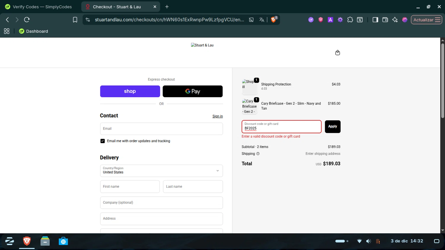Stuart & Lau promo code screenshot showing code BF2025 applied at Stuart & Lau checkout page. Uploaded by SimplyCodes community member WonderHawk4190 on Dec 3, 2025