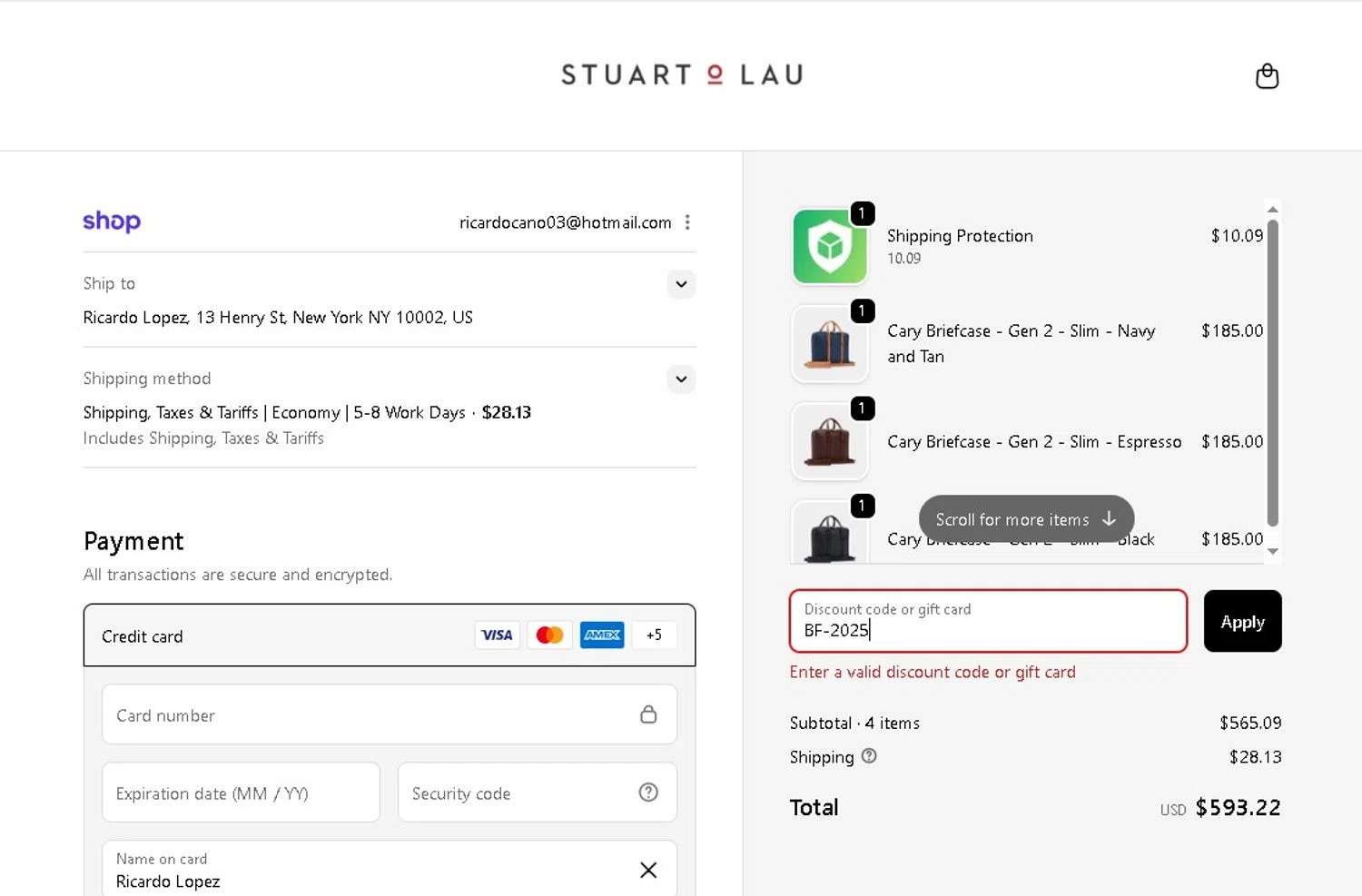 Stuart & Lau promo code screenshot showing code BF-2025 applied at Stuart & Lau checkout page. Uploaded by SimplyCodes community member LAMINEJAMAL on Dec 3, 2025