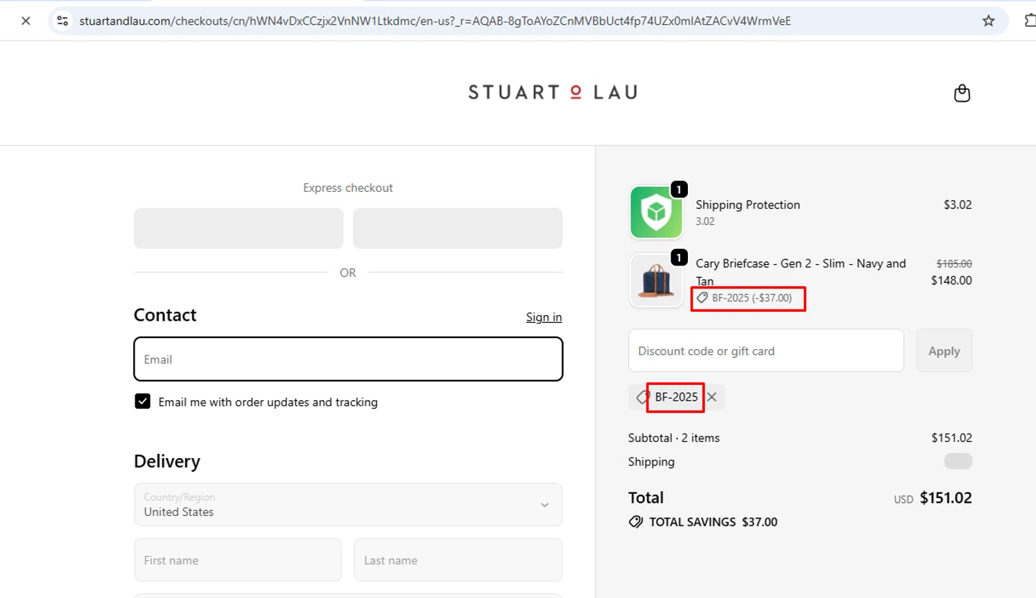 Stuart & Lau promo code screenshot showing code BF-2025 applied at Stuart & Lau checkout page. Uploaded by SimplyCodes community member nileskamarcano on Nov 5, 2025