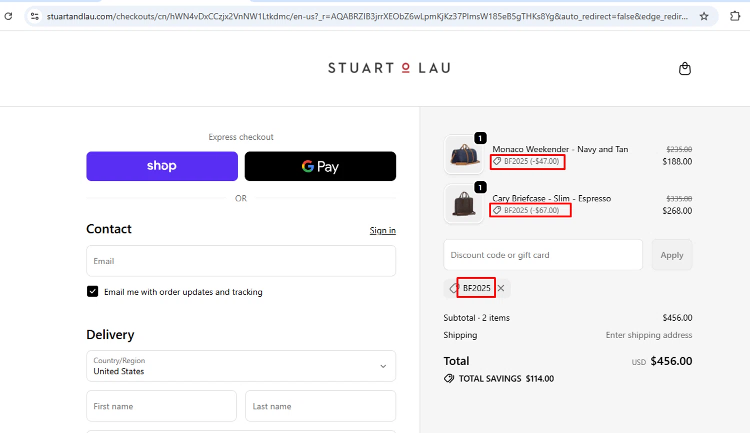 Stuart & Lau promo code screenshot showing code BF2025 applied at Stuart & Lau checkout page. Uploaded by SimplyCodes community member nileskamarcano on Nov 5, 2025