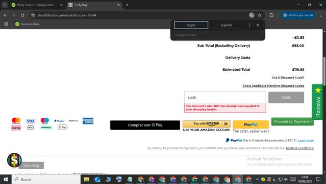 Stuarts London checkout page showing Stuarts London discount code box | Screenshot taken by SimplyCodes community member on Jun 11, 2025