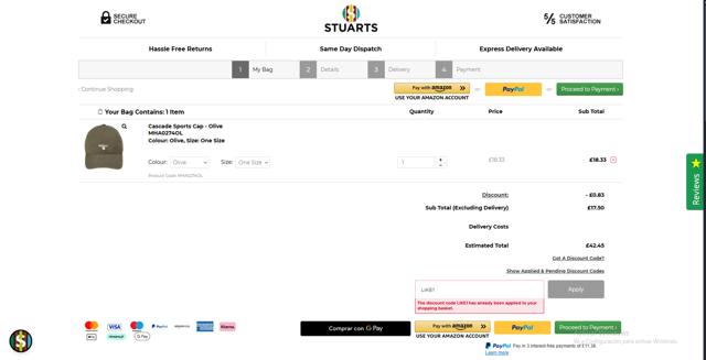 Stuarts London checkout page showing Stuarts London discount code box | Screenshot taken by SimplyCodes community member on May 14, 2025