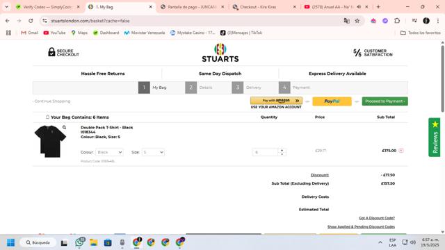 Stuarts London checkout page showing Stuarts London discount code box | Screenshot taken by SimplyCodes community member on May 19, 2025