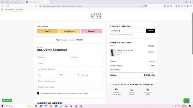 Stuart Weitzman checkout page showing Stuart Weitzman promo code box | Screenshot taken by SimplyCodes community member on Sep 14, 2025