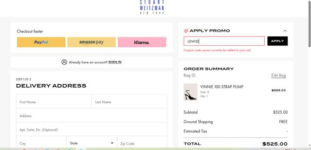Stuart Weitzman checkout page showing Stuart Weitzman promo code box | Screenshot taken by SimplyCodes community member on Sep 9, 2025