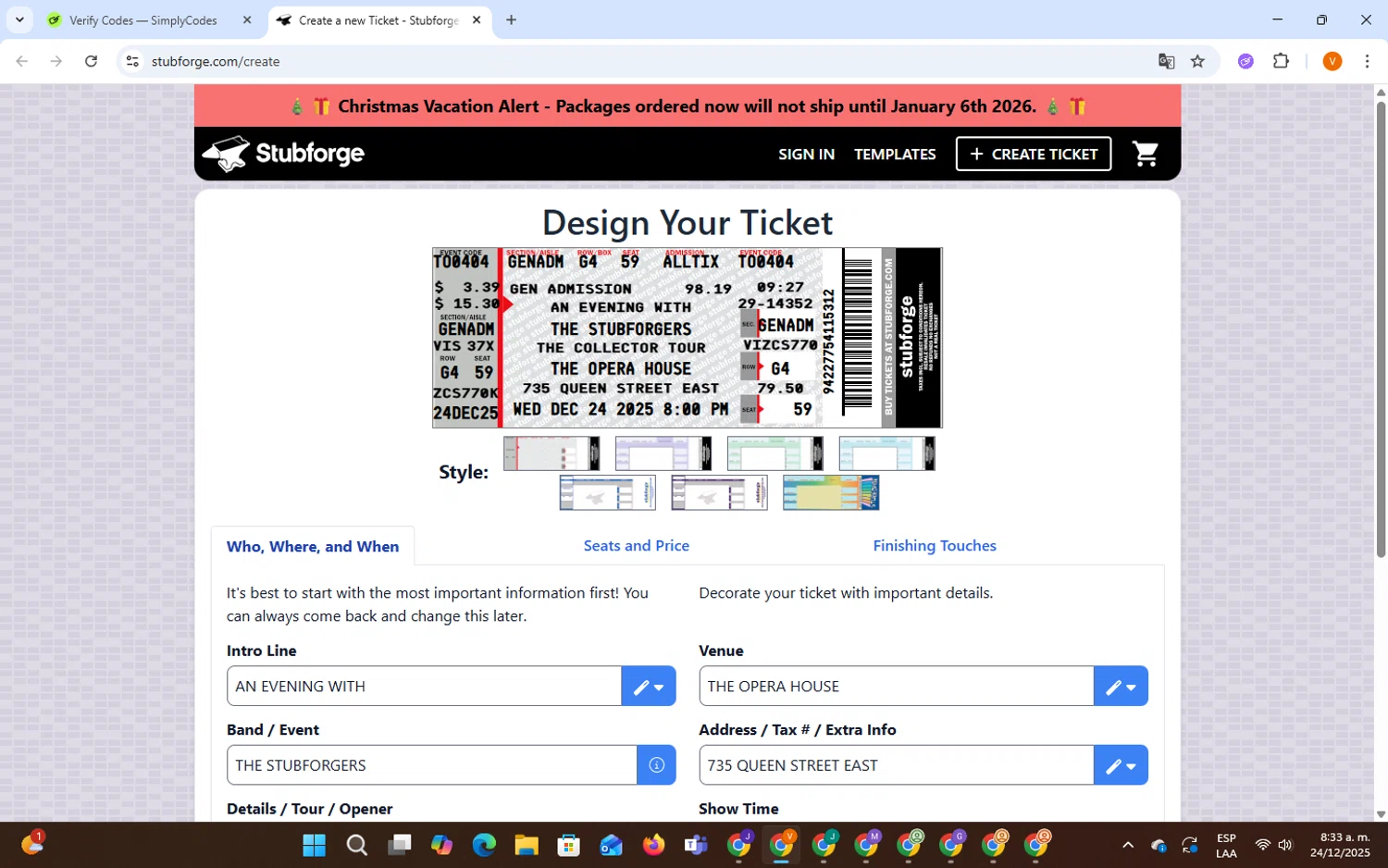 Stubforge discount code screenshot showing code 100TO109TICKETS applied at Stubforge checkout page. Uploaded by SimplyCodes community member CleverSpotter4192 on Dec 24, 2025