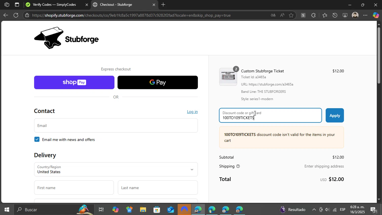 Stubforge checkout page showing Stubforge discount code box | Screenshot taken by SimplyCodes community member on Mar 16, 2025