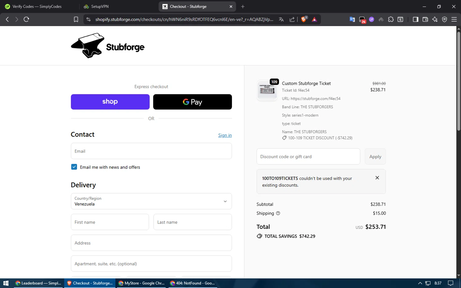 Stubforge discount code screenshot showing code 100TO109TICKETS applied at Stubforge checkout page. Uploaded by SimplyCodes community member usuario500 on Dec 24, 2025