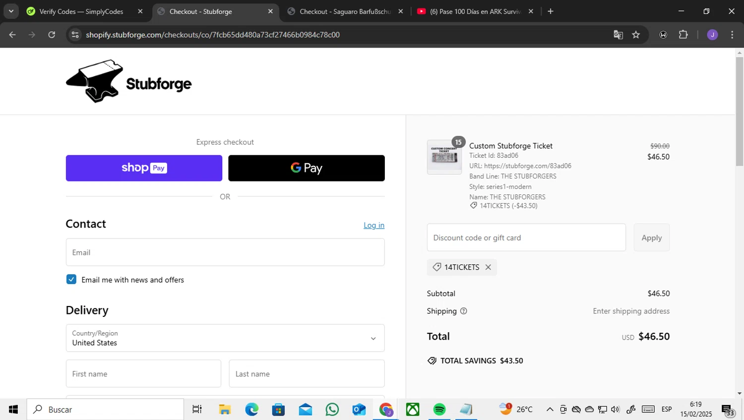 Stubforge discount code screenshot showing code 14TICKETS applied at Stubforge checkout page. Uploaded by SimplyCodes community member ENCARAMESSI on Feb 15, 2025