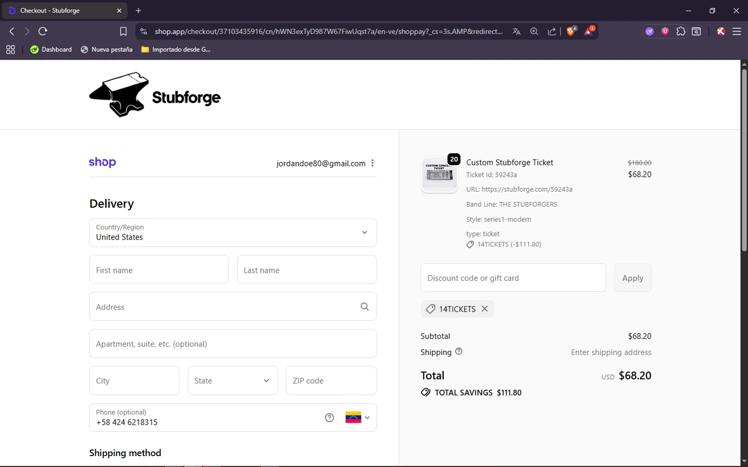 Stubforge discount code screenshot showing code 14TICKETS applied at Stubforge checkout page. Uploaded by SimplyCodes community member SavingsShopper829 on Oct 2, 2025