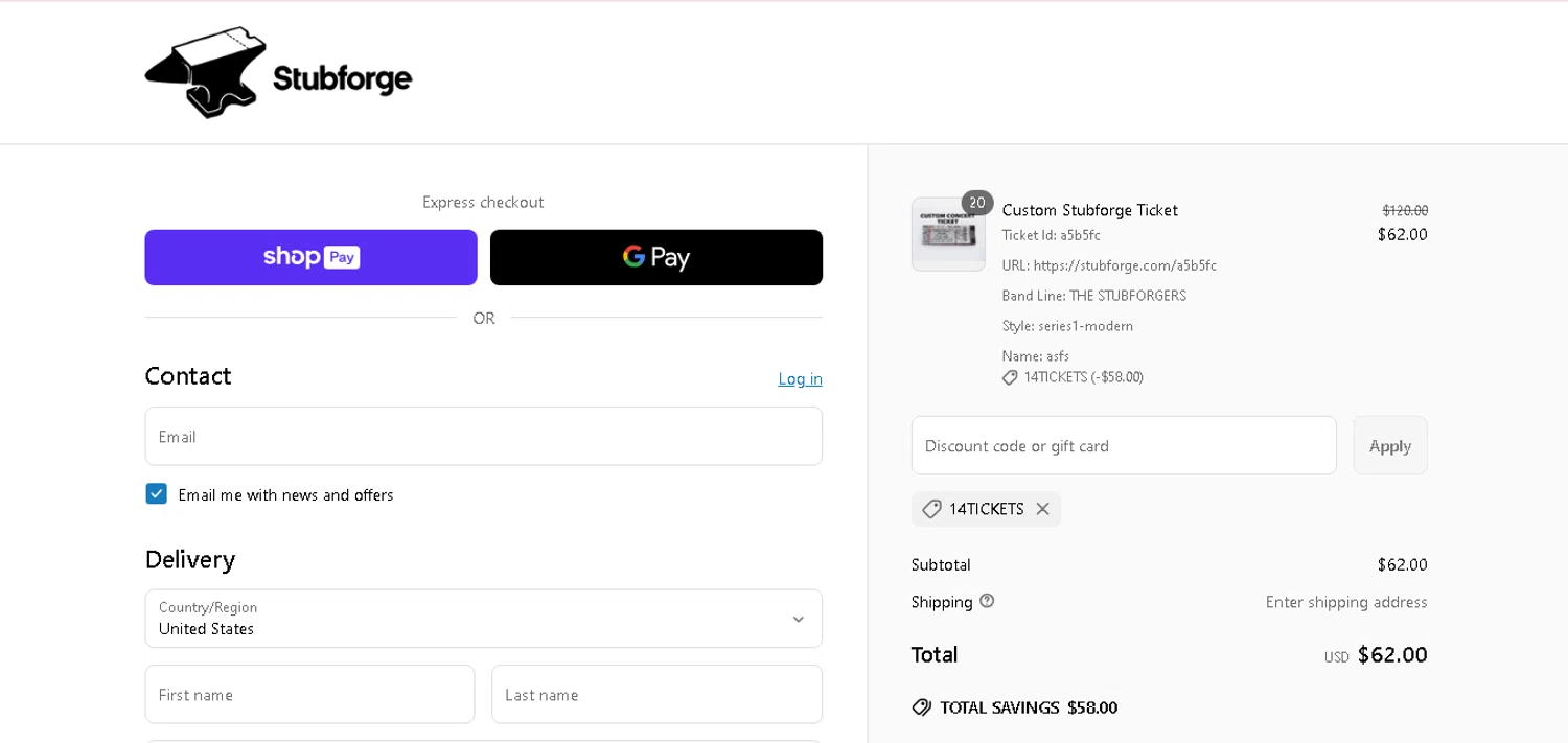 Stubforge discount code screenshot showing code 14TICKETS applied at Stubforge checkout page. Uploaded by SimplyCodes community member CashAce9852 on Mar 16, 2025