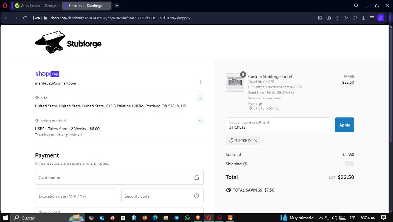 Stubforge discount code screenshot showing code 3TICKETS applied at Stubforge checkout page. Uploaded by SimplyCodes community member CleoSalvatore on Feb 26, 2025