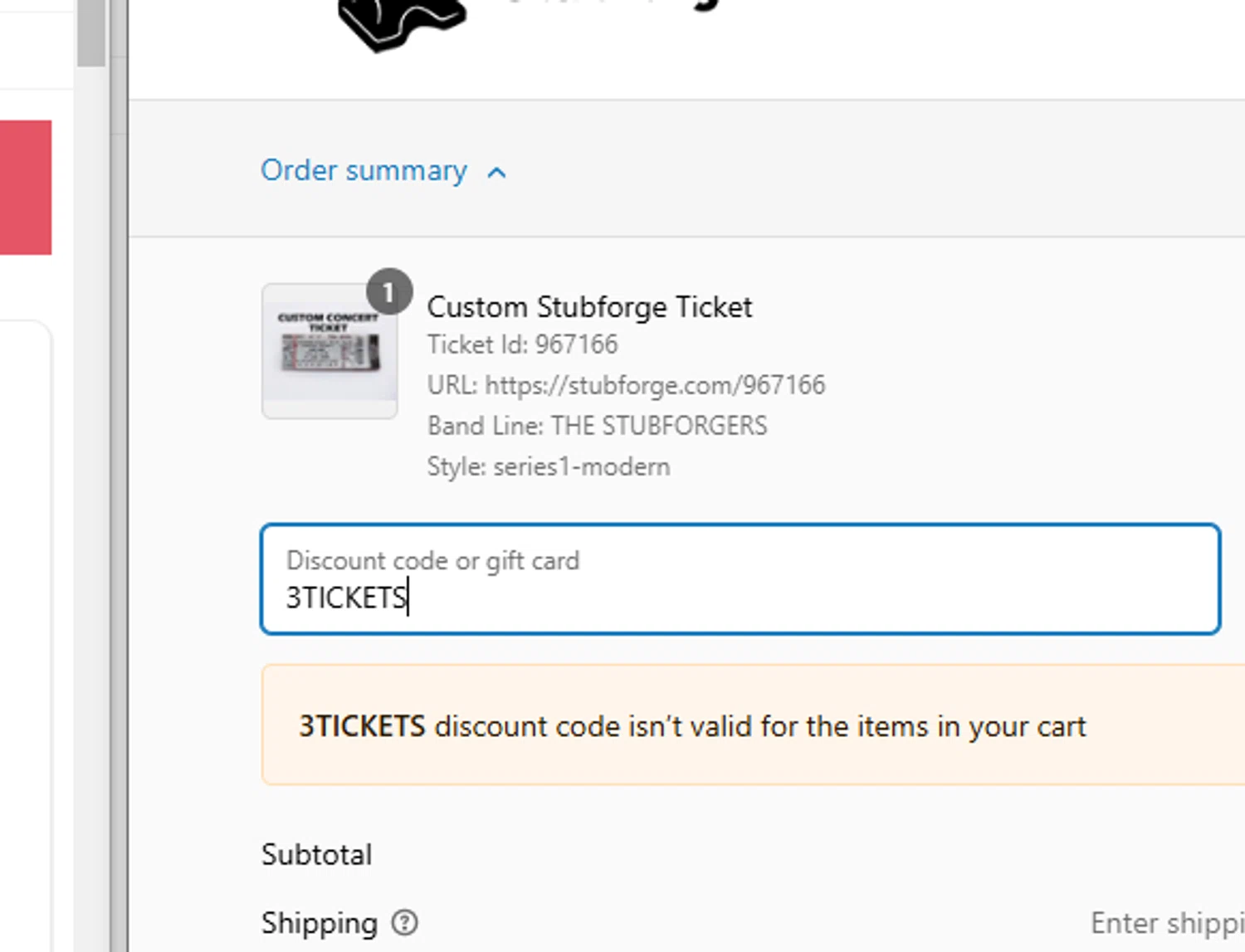 Stubforge discount code screenshot showing code 3TICKETS applied at Stubforge checkout page. Uploaded by SimplyCodes community member Ferrari on Jan 28, 2025