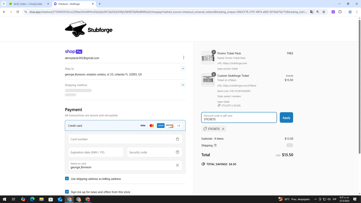 Stubforge discount code screenshot showing code 3TICKETS applied at Stubforge checkout page. Uploaded by SimplyCodes community member ShieldAdmiral2781 on Mar 27, 2025