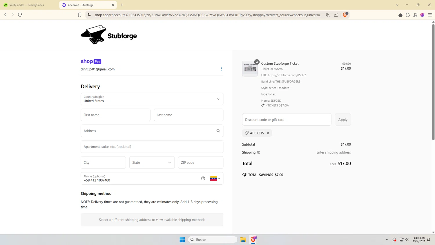 Stubforge discount code screenshot showing code 4TICKETS applied at Stubforge checkout page. Uploaded by SimplyCodes community member VictoriousDefender7352 on Apr 25, 2025
