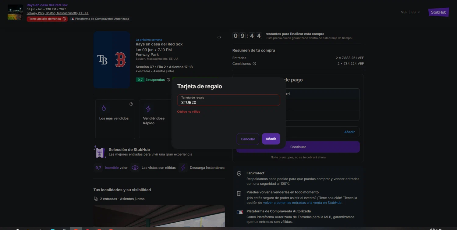 StubHub promo code screenshot showing code STUB20 applied at StubHub checkout page. Uploaded by SimplyCodes community member POWERRANGERRED on Jun 5, 2025