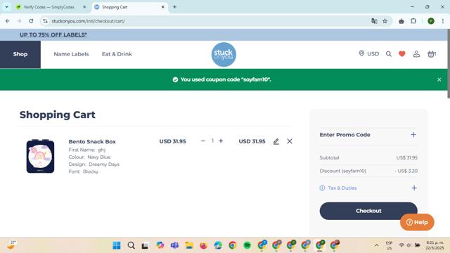 Stuck On You checkout page showing Stuck On You promo code box | Screenshot taken by SimplyCodes community member on May 23, 2025