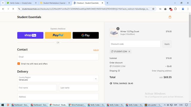 Student.com checkout page showing Student.com promo code box | Screenshot taken by SimplyCodes community member on Feb 26, 2025