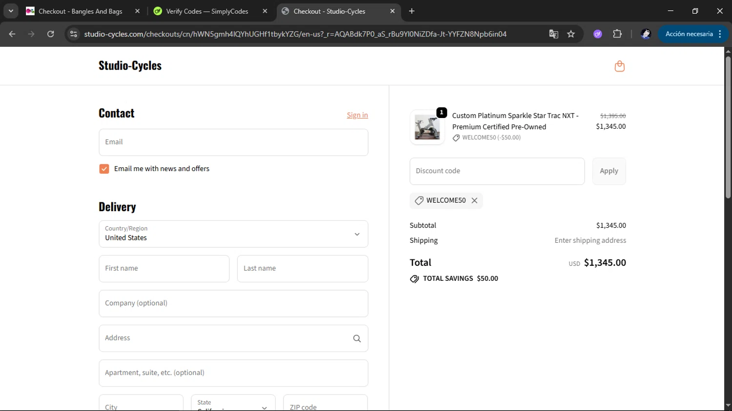StudioCycles promo code screenshot showing code WELCOME50 applied at StudioCycles checkout page. Uploaded by SimplyCodes community member RoyalMaestro2129 on Nov 25, 2025