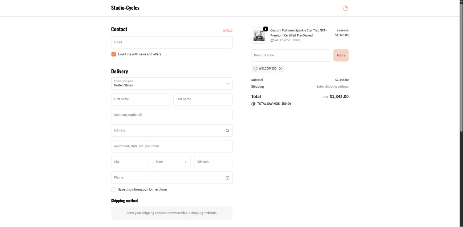 StudioCycles promo code screenshot showing code WELCOME50 applied at StudioCycles checkout page. Uploaded by SimplyCodes community member ValueGenius9720 on Dec 10, 2025