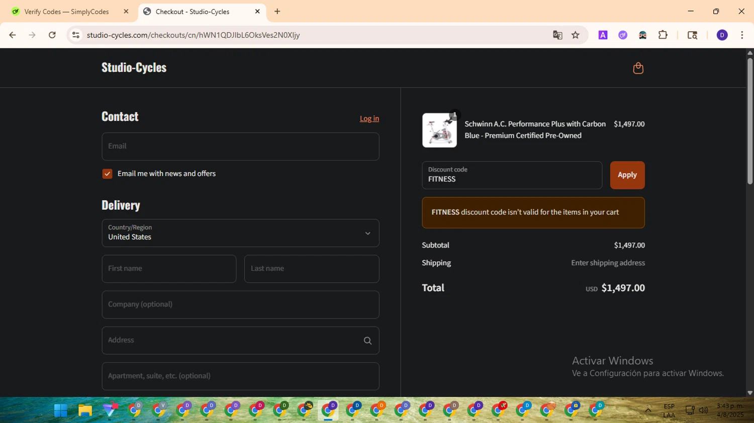 StudioCycles promo code screenshot showing code FITNESS applied at StudioCycles checkout page. Uploaded by SimplyCodes community member MagnificentFinder9583 on Aug 4, 2025