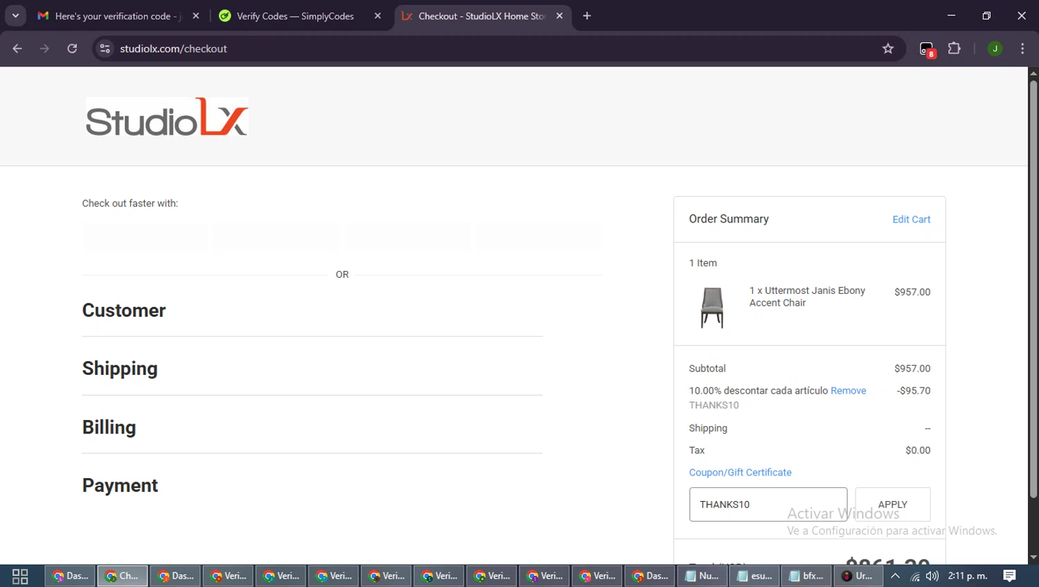 StudioLX promo code screenshot showing code THANKS10 applied at StudioLX checkout page. Uploaded by SimplyCodes community member SmartLion6646 on Sep 21, 2025