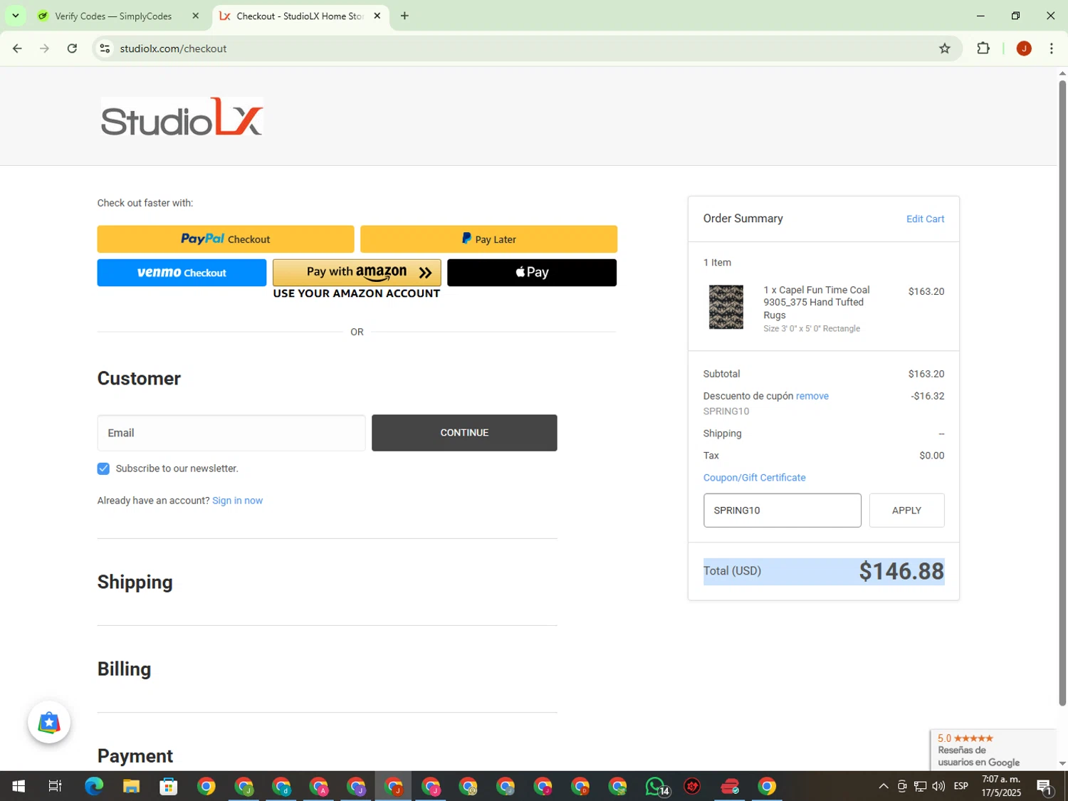 StudioLX promo code screenshot showing code SPRING10 applied at StudioLX checkout page. Uploaded by SimplyCodes community member KimDokja on May 17, 2025
