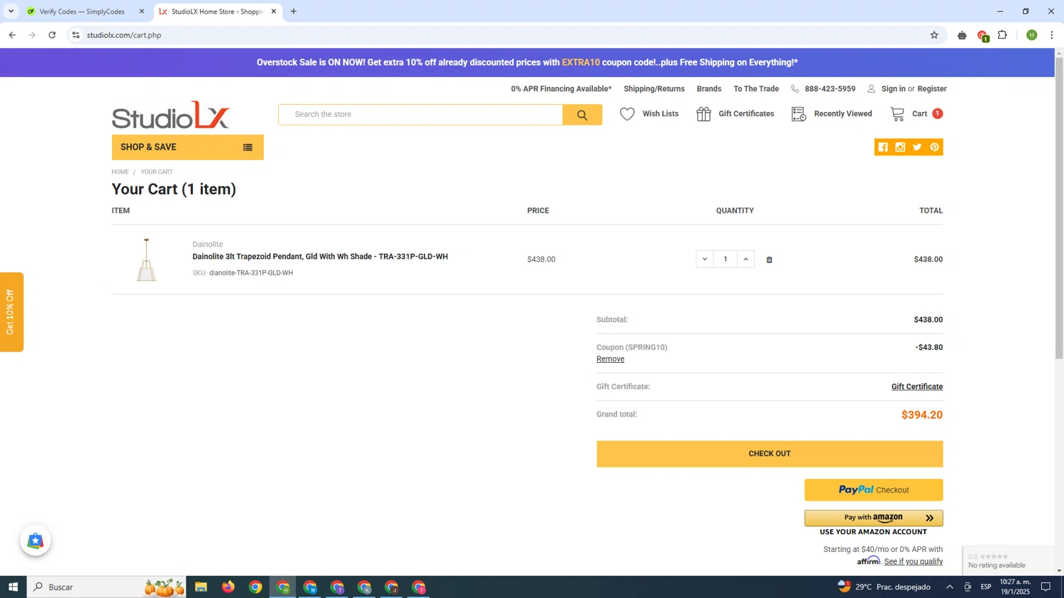 StudioLX promo code screenshot showing code SPRING10 applied at StudioLX checkout page. Uploaded by SimplyCodes community member BudgetFalcon2689 on Jan 19, 2025