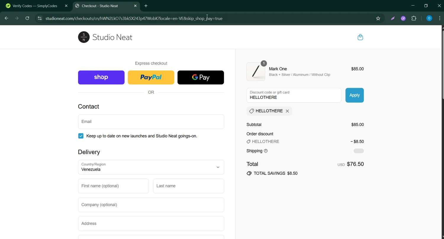 Studio Neat discount code screenshot showing code HELLOTHERE applied at Studio Neat checkout page. Uploaded by SimplyCodes community member CodeScholar4340 on Aug 29, 2025