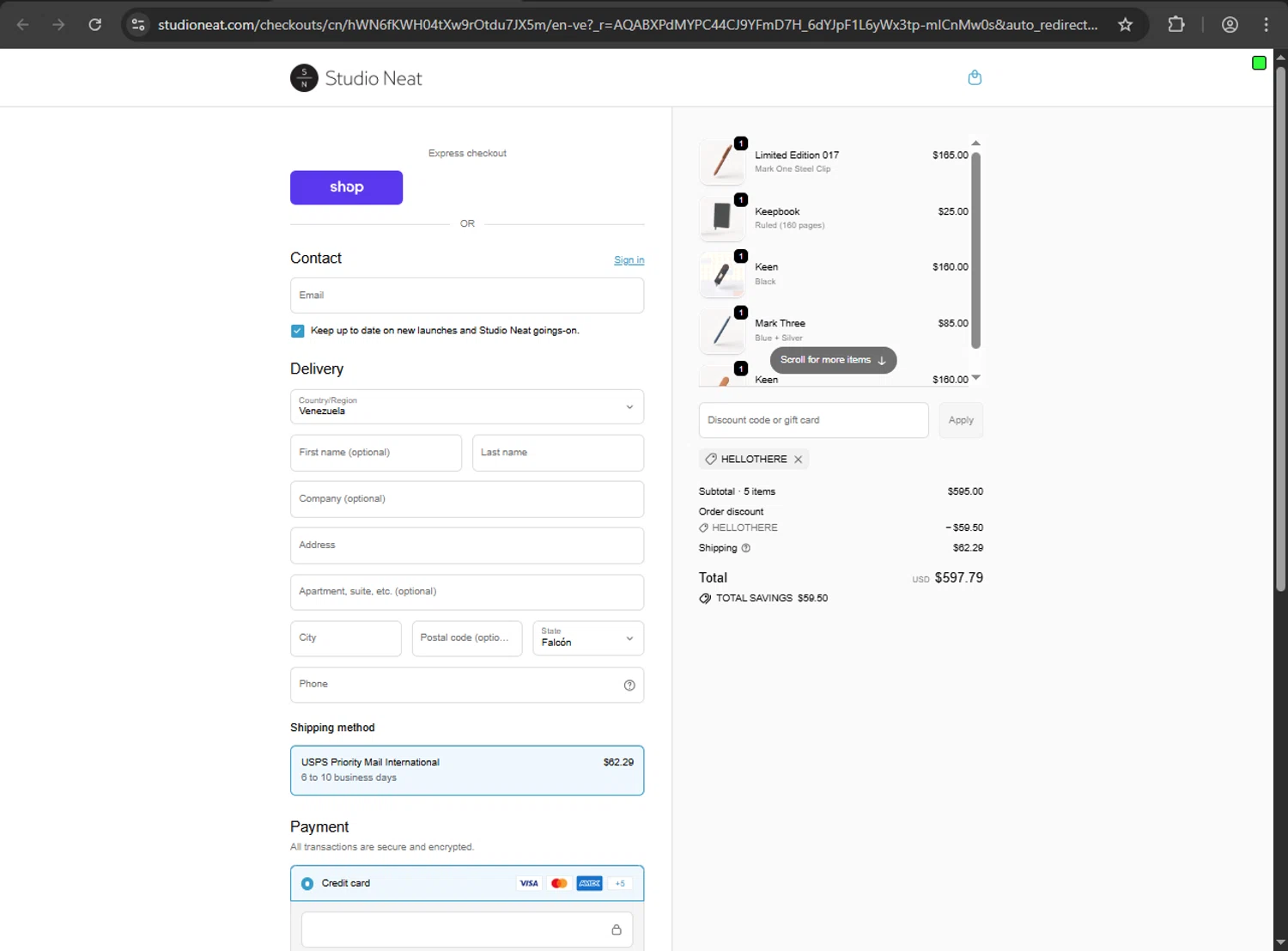 Studio Neat discount code screenshot showing code HELLOTHERE applied at Studio Neat checkout page. Uploaded by SimplyCodes community member gokuyvegetta on Dec 20, 2025