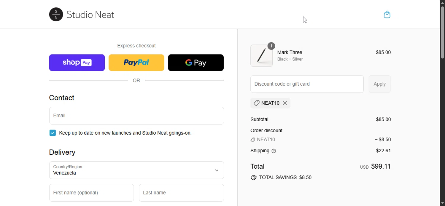 Studio Neat discount code screenshot showing code NEAT10 applied at Studio Neat checkout page. Uploaded by SimplyCodes community member Prospecto on Jul 12, 2025