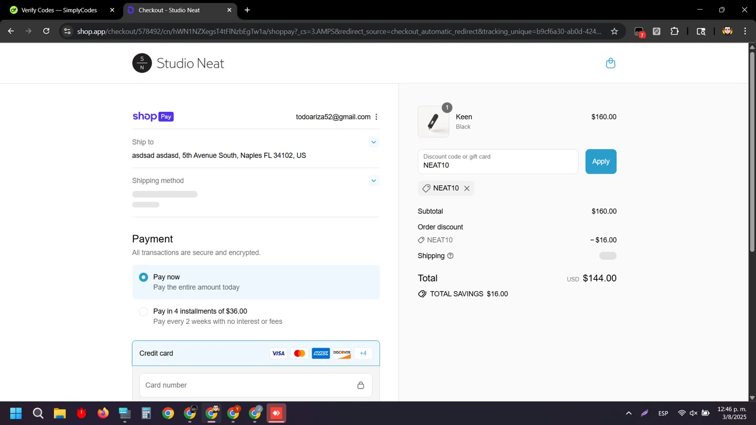 Studio Neat discount code screenshot showing code NEAT10 applied at Studio Neat checkout page. Uploaded by SimplyCodes community member Rei_Chikita_uwu on Aug 3, 2025