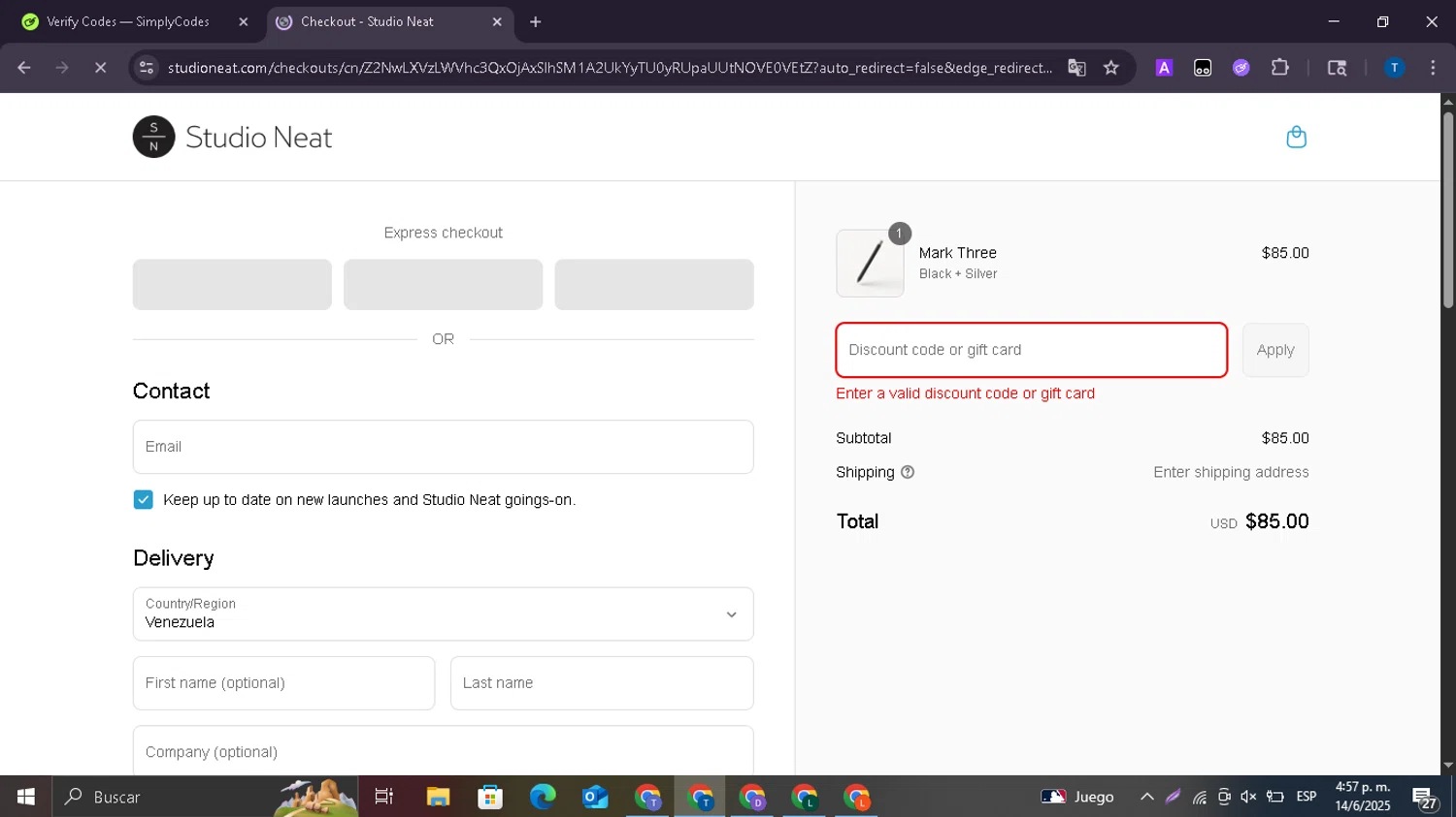 Studio Neat discount code screenshot showing code DADS2025 applied at Studio Neat checkout page. Uploaded by SimplyCodes community member WonderVirtuoso7677 on Jun 14, 2025
