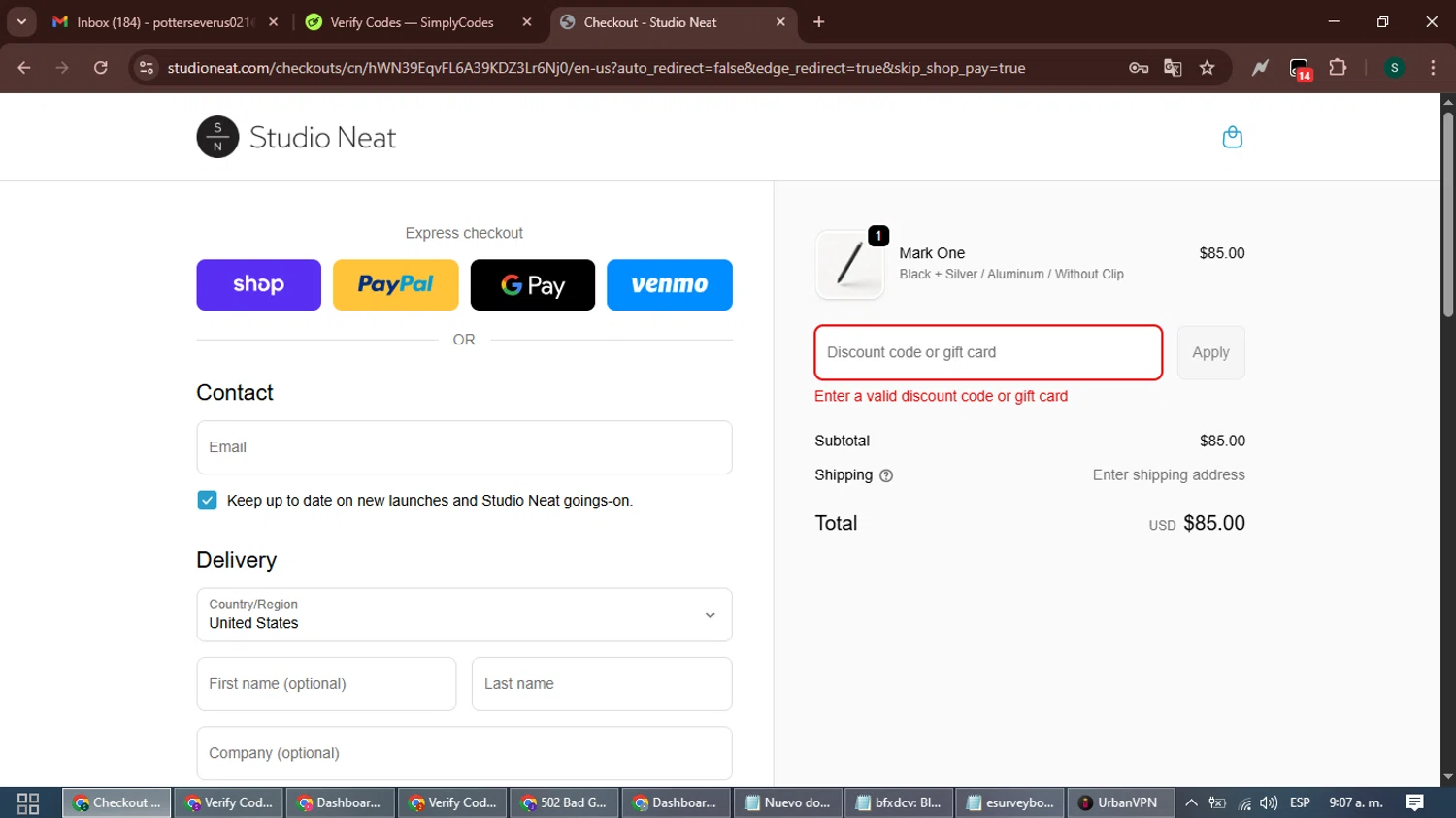 Studio Neat discount code screenshot showing code FALL25 applied at Studio Neat checkout page. Uploaded by SimplyCodes community member ShrewdAce7935 on Sep 19, 2025