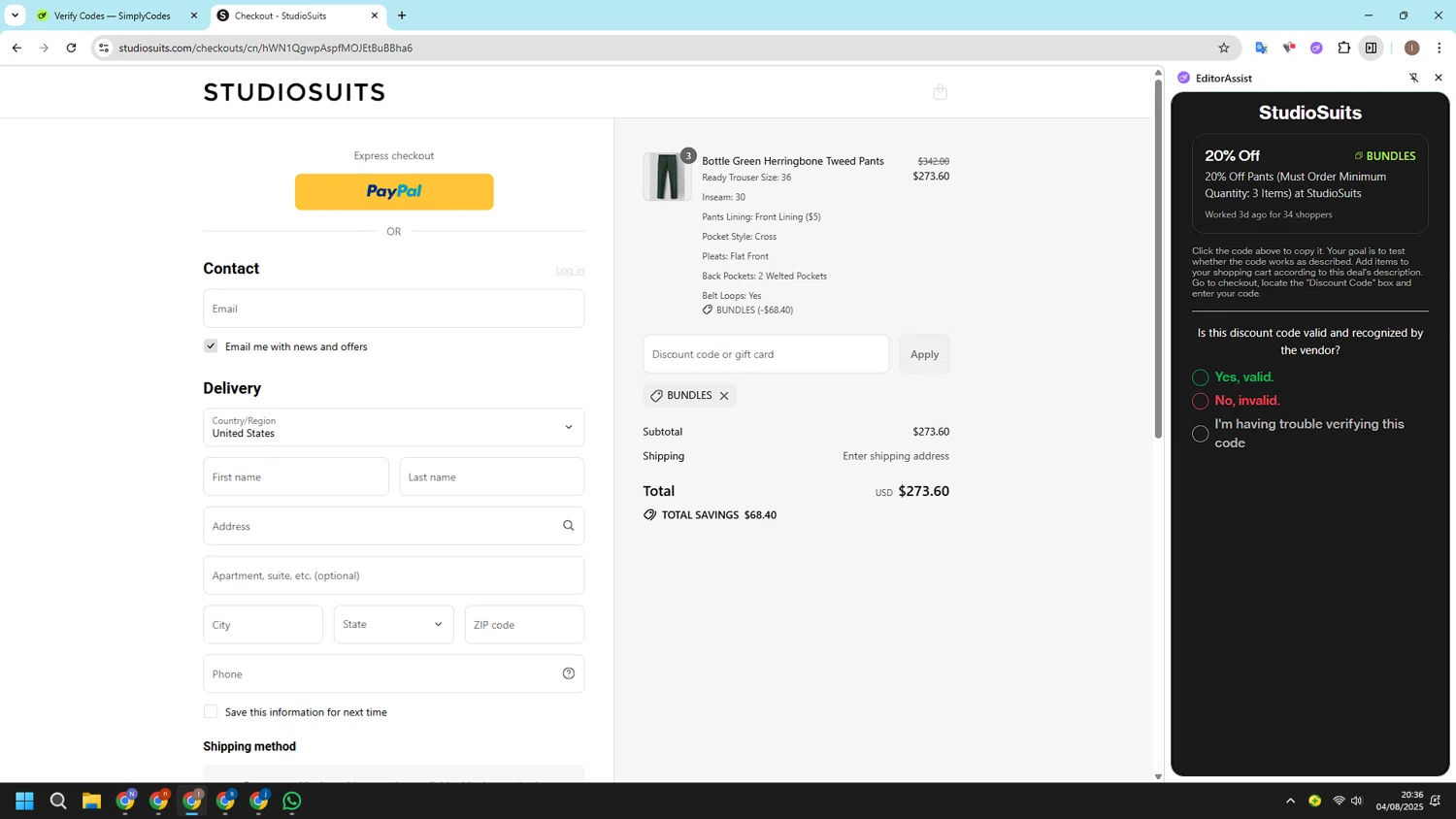 StudioSuits discount code screenshot showing code BUNDLES applied at StudioSuits checkout page. Uploaded by SimplyCodes community member CashSleuth106 on Aug 5, 2025