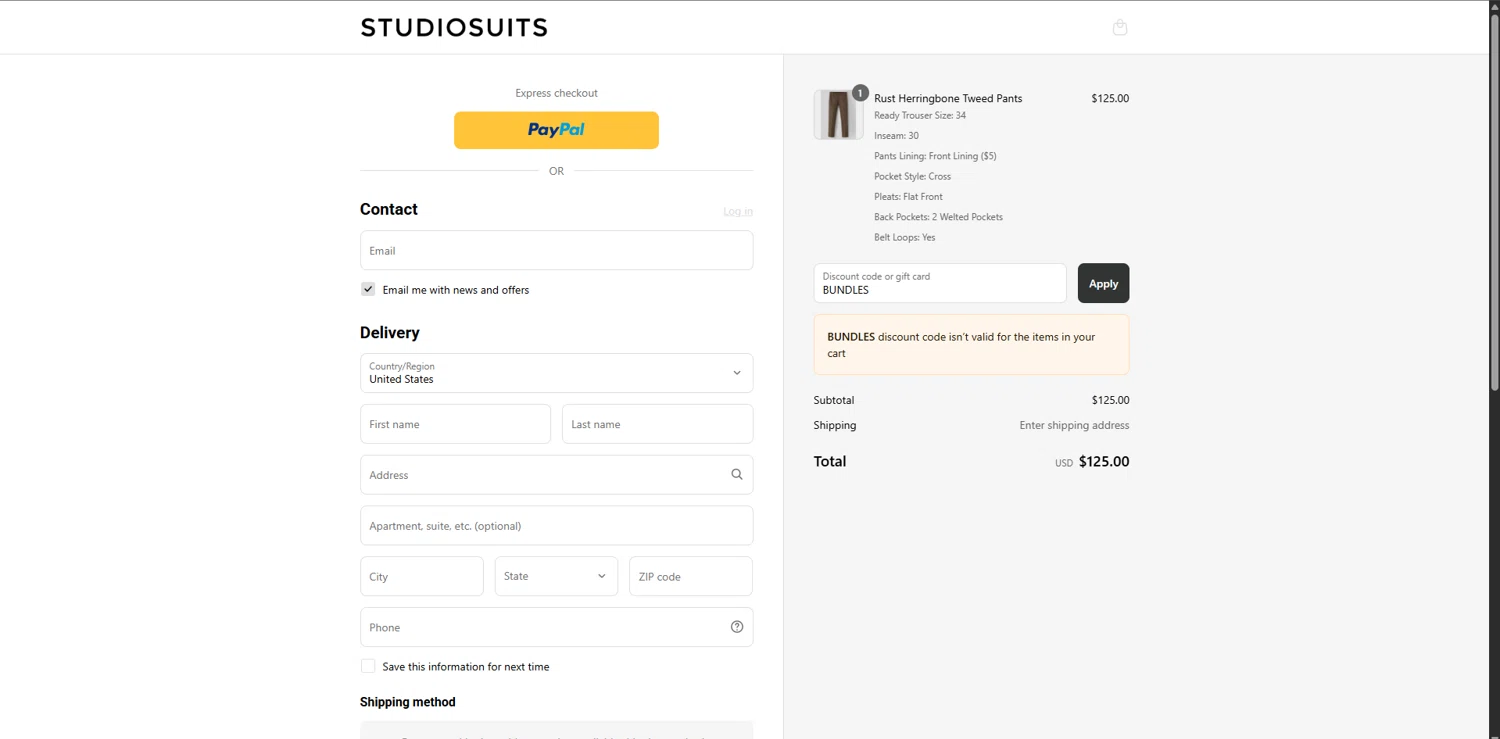 StudioSuits discount code screenshot showing code BUNDLES applied at StudioSuits checkout page. Uploaded by SimplyCodes community member TreasureChaser3010 on Sep 5, 2025