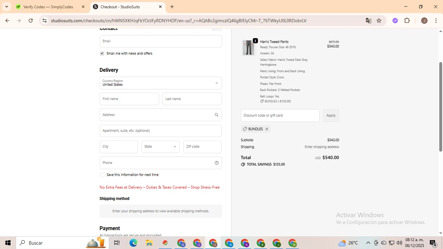 StudioSuits discount code screenshot showing code BUNDLES applied at StudioSuits checkout page. Uploaded by SimplyCodes community member ValiantHero2365 on Dec 6, 2025