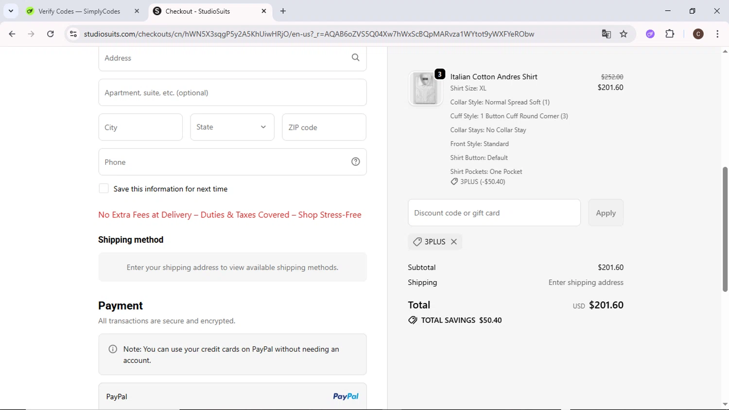 StudioSuits discount code screenshot showing code 3plus applied at StudioSuits checkout page. Uploaded by SimplyCodes community member MoneyPilot9634 on Nov 21, 2025