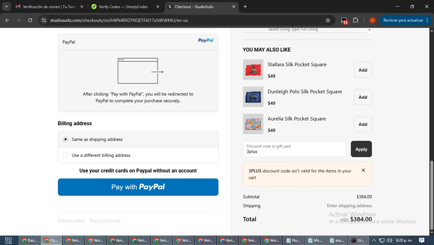 StudioSuits discount code screenshot showing code 3plus applied at StudioSuits checkout page. Uploaded by SimplyCodes community member WiseTracker2171 on Oct 11, 2025