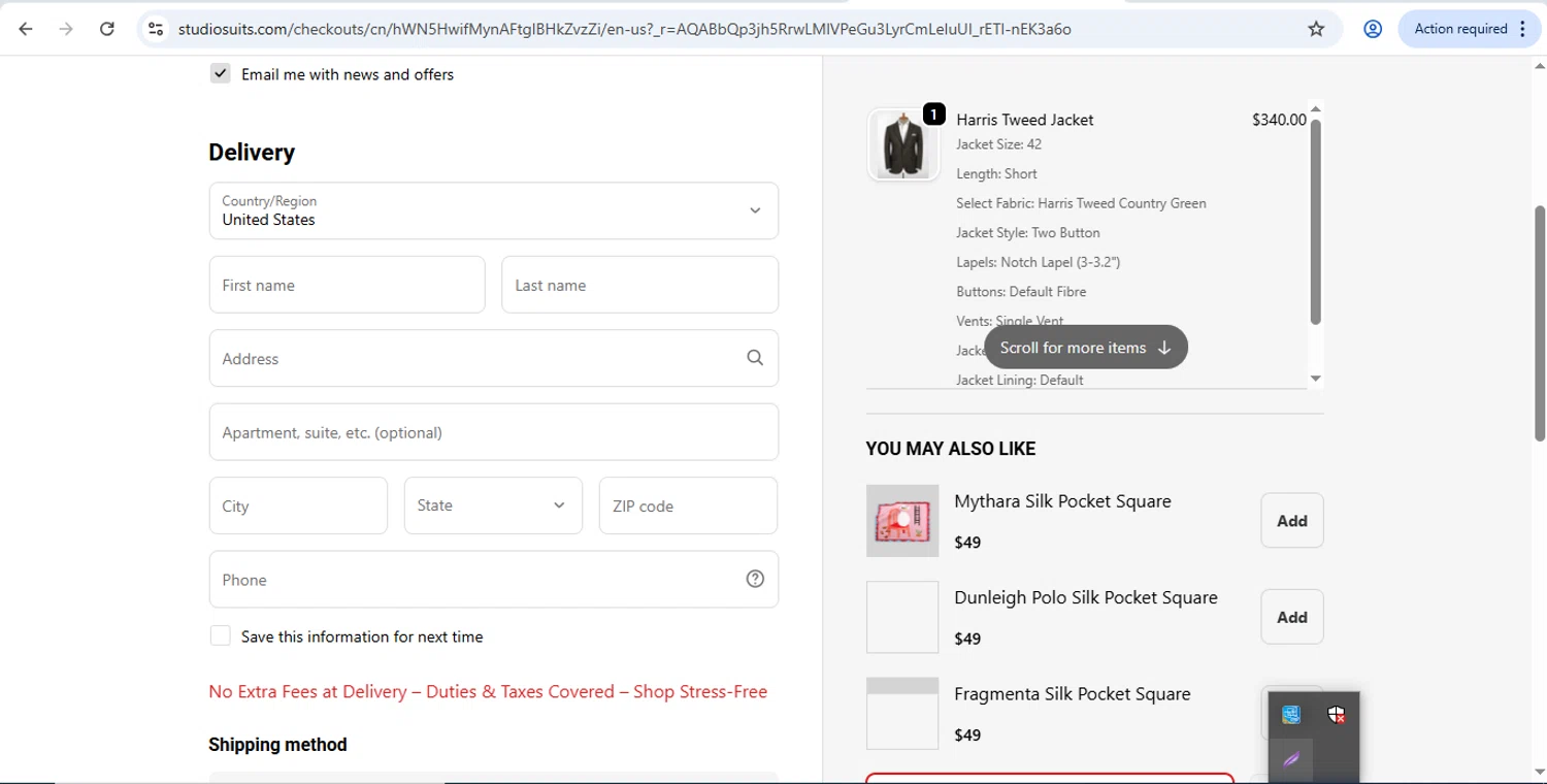 StudioSuits discount code screenshot showing code CODE15 applied at StudioSuits checkout page. Uploaded by SimplyCodes community member Fabio05 on Nov 14, 2025