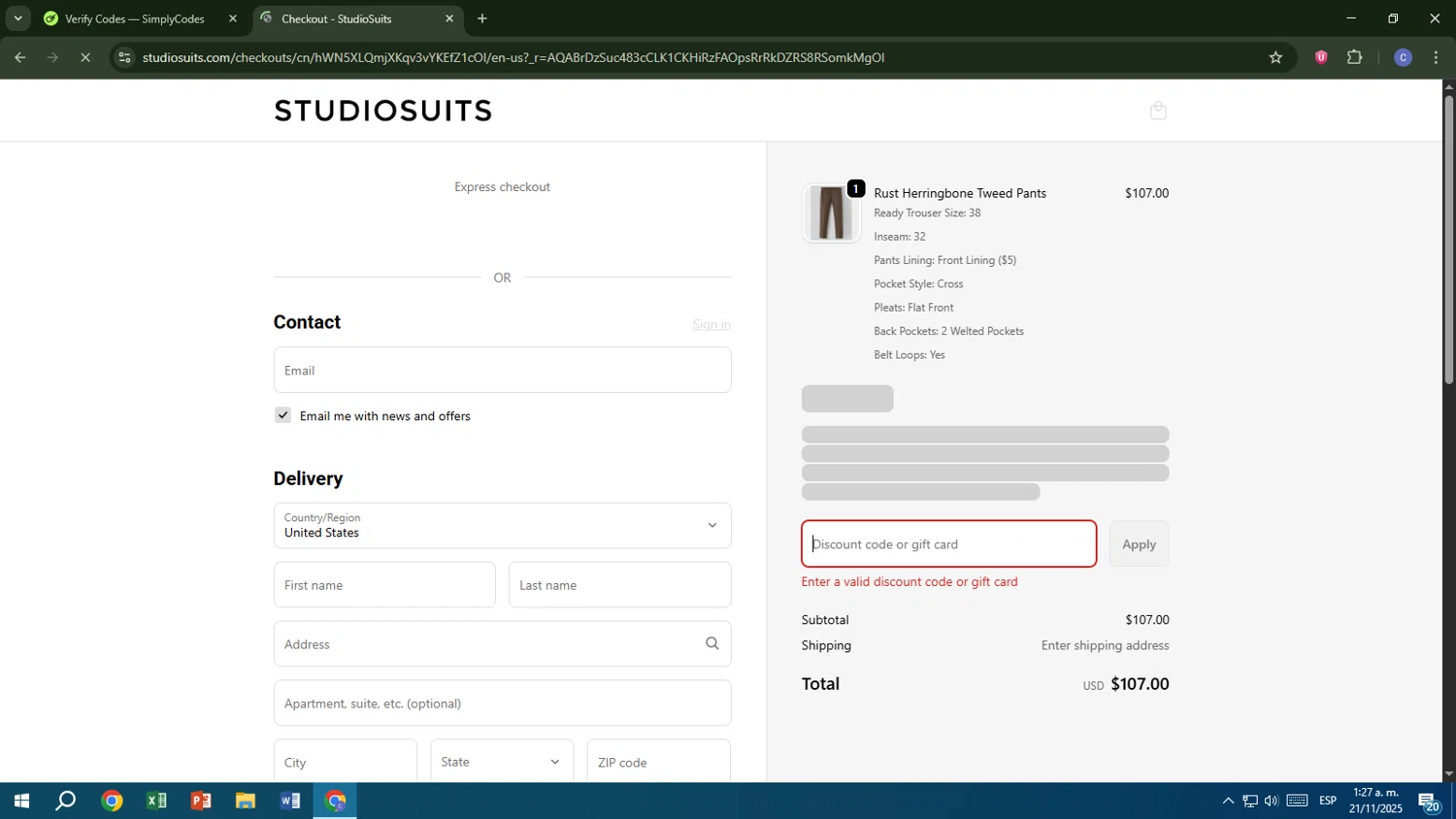 StudioSuits discount code screenshot showing code BLACKFRIDAYSALE applied at StudioSuits checkout page. Uploaded by SimplyCodes community member Cr7aveiro on Nov 21, 2025