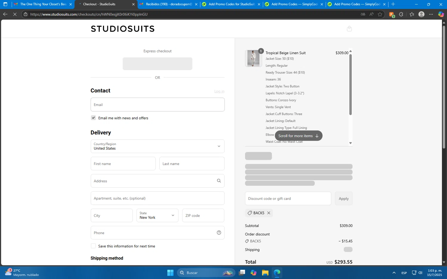 StudioSuits discount code screenshot showing code back5 applied at StudioSuits checkout page. Uploaded by SimplyCodes community member Mdeoca on Jul 15, 2025
