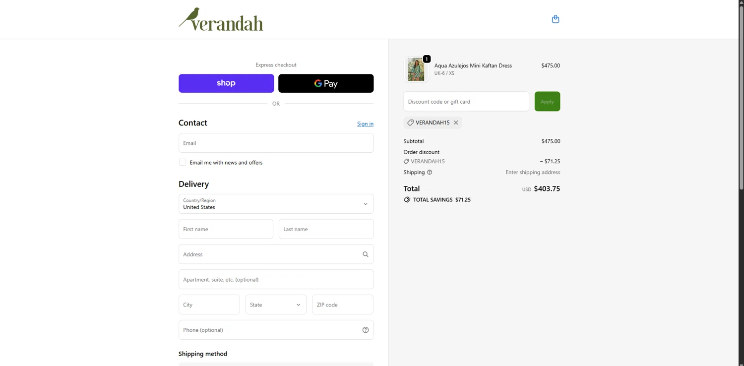 Verandah promo code screenshot showing code VERANDAH15 applied at Verandah checkout page. Uploaded by SimplyCodes community member GloriousCollector3551 on Dec 28, 2025
