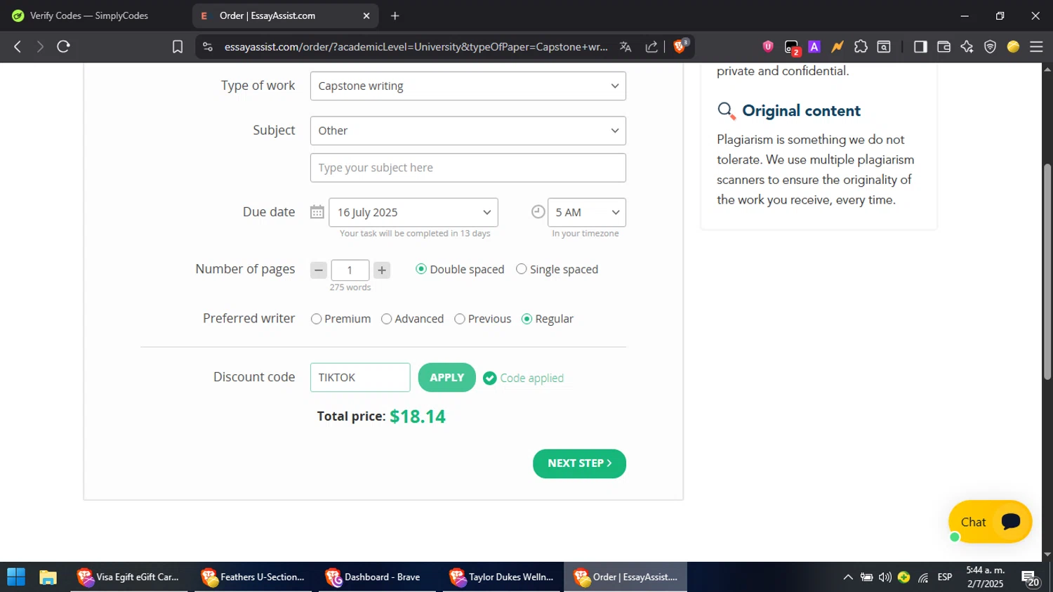 Studybay promo code screenshot showing code TIKTOK applied at Studybay checkout page. Uploaded by SimplyCodes community member PromoScout8746 on Jul 2, 2025